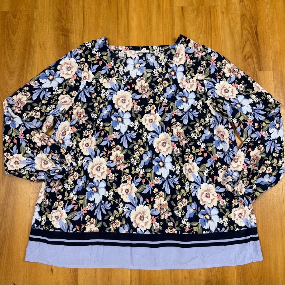 J Jill Womens XL Floral Blouse Blue Long‎ Sleeve Lightweight Rayon Top